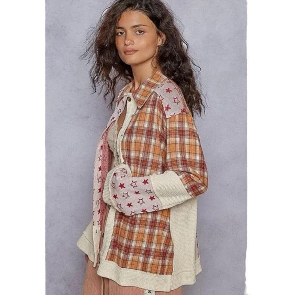 POL Patchwork Shacket Boho Plaid & Star Contrast Long Sleeve Jacket Large NEW - Picture 4 of 10